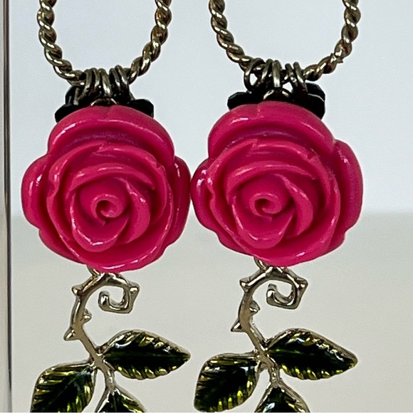 Vintage Betsey Johnson Pink Rose Dangle Earrings - Picture 5 of 10
